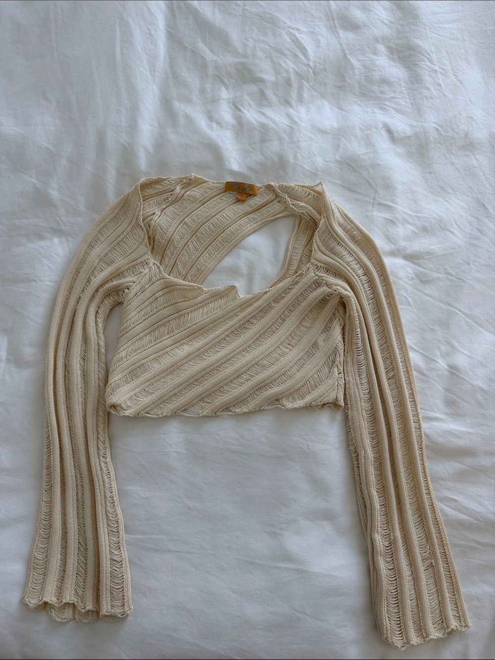 Verge Girl Cream Ribbed Wrap-Front Crochet Crop Top